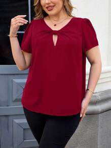 SHEIN Clasi Plus Size Elegant Blue Hollow Out Twist Knot Short Sleeve Loose Blouse - Burgundy - View 3