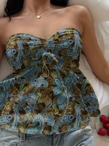 SHEIN EZwear 女士休闲复古紧身娃娃衫，胸部褶皱，抽绳领带，适合夏季，复古，Y2K 风格，佩斯利印花 - 彩色 - 查看 5