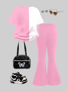 SHEIN 玫瑰泡泡糖、可爱卡通水豚和草莓图案年轻女孩休闲简约圆领短袖 T 恤和喇叭裤两件套，非常适合夏日清凉、度假氛围 - 彩色 - 查看 2