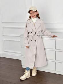 SHEIN Tween Girl Loose Fit Double Breasted Lapel Long Trench Coat, Casual Military Style, Suitable For Commuting And Outings, Girls Trench Coat, Long Coat Girls, Girls Coat, Fall Winter - Beige - View 8