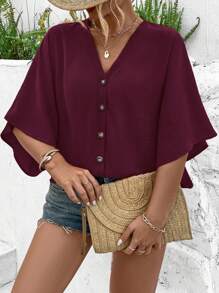 Breezaya 女式加大码优雅纯色提花 V 领插肩袖纽扣装饰沙滩衬衫，百搭设计，2025 年春夏新品 - 酒紅色 - 查看 6