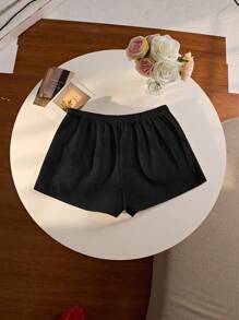 INAWLY Short casual de moda con cintura de cordón y decoración de strass para mujeres - Negro - Ver 2