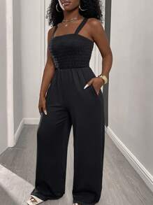 INAWLY 實色大尺碼背帶連體褲，有口袋，寬肩帶，無袖，適用於夏季 - 黑色 - 查看 6