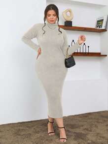 EURMUSE 100% Cotton Turtleneck Ribbed Knit Sweater Dress - Cream - View 1