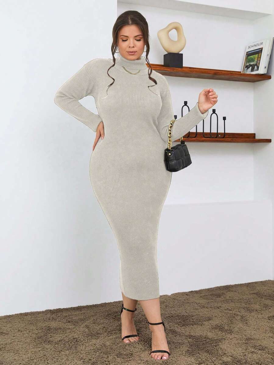 EURMUSE 100% Cotton Turtleneck Ribbed Knit Sweater Dress - Cream - View 1
