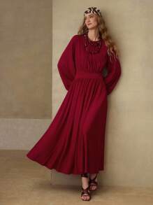 MOTF PREMIUM WOMEN'S LONG KNIT GATHERED LANTERN SLEEVE MIDI DRESS - Red - View 6