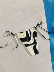 SHEIN Swim سروال بكيني أسفل بتفاصيل ربط جانبي، طراز قديم بسيط، شاطئ - الأسود - مشاهدة 2