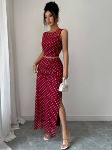 Rafferiza 女式优雅波尔卡圆点网眼印花褶饰下摆吊带背心上衣和裙子两件套