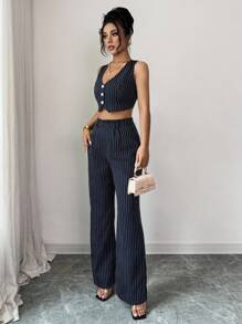 Rafferiza Women Striped Single-Breasted Cropped Vest And Pants Casual 2 Pieces Set - Black - View 6