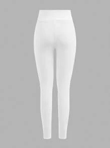 SHEIN Tween Girl White Summer Athletic Workout Yoga Phone Pocket Leggings,Casual Sporty Mesh Inset Skinny Fitted High Elastic Opaque Knit Bottoms For School - White - View 3