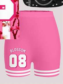 SHEIN Set casual in jersey per ragazze adolescenti, divisa sportiva da corsa, numero 08 e stampa floreale, t-shirt minimale a maniche corte morbida e pantaloncini corti da ciclista, per l'estate