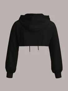 SHEIN EZwear 大码黑色针织超短款连帽衫