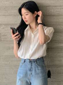 DAZY French Puff Sleeve Shirt, Women Short Sleeve Loose Casual Blouse - Apricot - View 6
