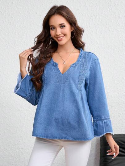 SHEIN Top en denim à manches longues avec col en V et franges pour femmes enceintes, mode d'été