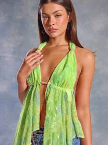 MUSERA Top con scollo a barchetta legato al collo, con paillettes, orlo asimmetrico, adatto per primavera, estate, outfit Ibiza, stile Y2K, outfit per ragazze cool, festival, rave, vacanze, uscite in club, carino