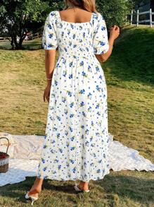 KURAYIA Plus Size Summer Elegant Floral Print Puff Sleeve Waist Fitted Dress - Blue and White - View 2