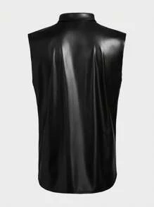 Manfinity BRENVOR Męska modna, uniwersalna, jednokolorowa koszula bez rękawów, męska czarna koszula bez rękawów, męska koszula bez rękawów ze sztucznej skóry, męska czarna koszula bez rękawów zapinana na guziki, męska koszula bez rękawów w stylu gotyckim, męska czarna koszula skórzana bez rękawów