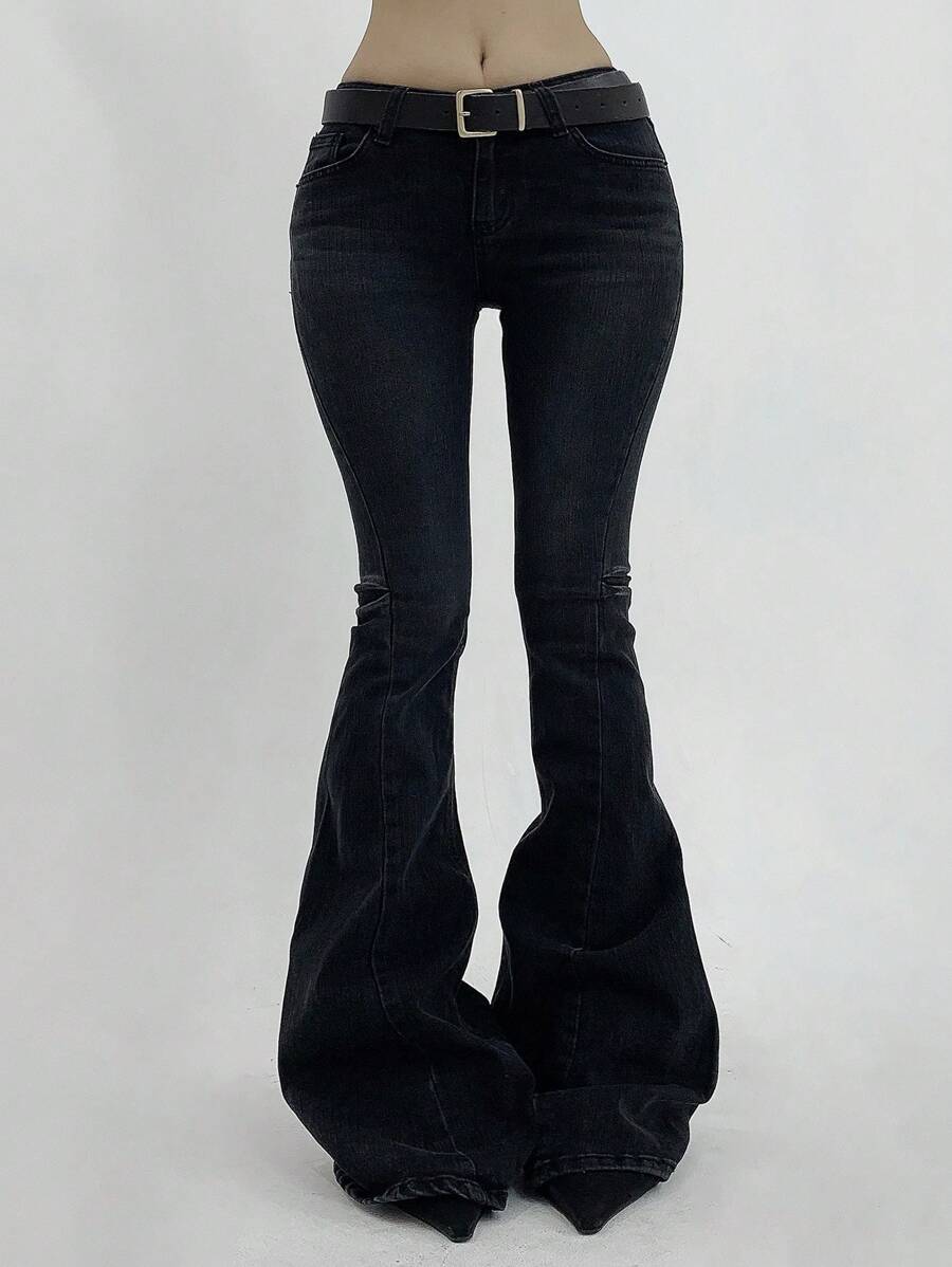 DAZY 女式时尚街头风斜插口袋修身喇叭牛仔裤低腰牛仔裤 - 黑色 - 查看 1