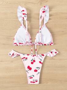Swim Mod Women's Cherry Print Ruffle Trim Bikini Set For Summer Beach Vacation - Multicolor - View 2