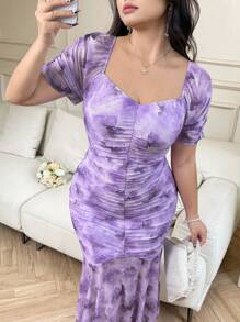 SHEIN Clasi Váy xòe họa tiết hoa thanh lịch mùa hè cỡ lớn cho nữ - Màu tím - Xem 6