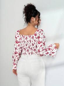 Elenzga Elegantes Ditsy Blumen Figurbetontes Crop Top mit Puffärmeln - Rot - Übersicht 2