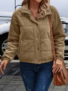 SHEIN LUNE Snap Button Up Padded Padded Coat Clothes Winter Fall Cloth For Women - Khaki - View 5