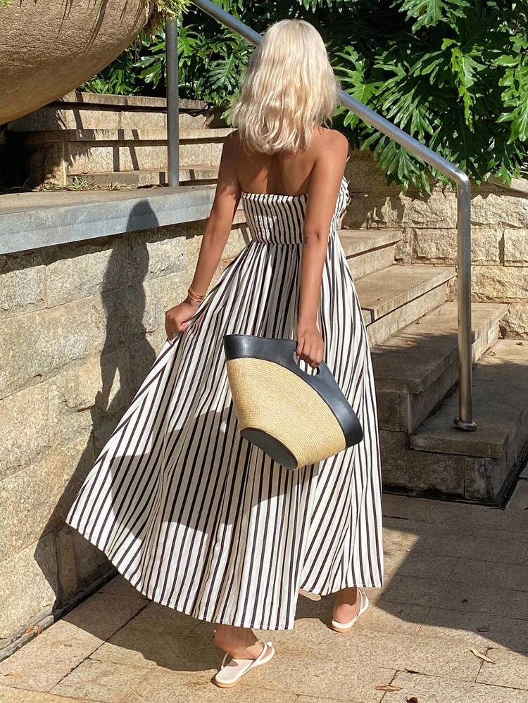 Women's Casual Striped Tube Top Ruched Dress For Vacation Dress Boho