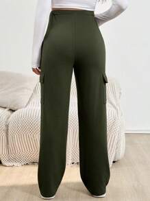 SHEIN Pregnant Women Casual Minimalist Army Green Drawstring Waist Fold Over Pocket Sweatpants - Army Green - View 2