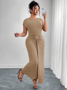 Ellevyn 大码女式优雅圆领长袖金属扣扭腰连衣裙，适合工作/休闲穿着