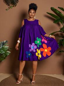 Maweii Summer Round Neck Off Shoulder Cartoon Flower Print Casual Vacation Dress - Purple - View 4