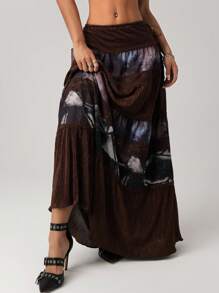 SHEIN ICON Women's Tie-Dye Print Ruffle Hem Low Waist Patchwork Boho Skirt - Multicolor - View 1