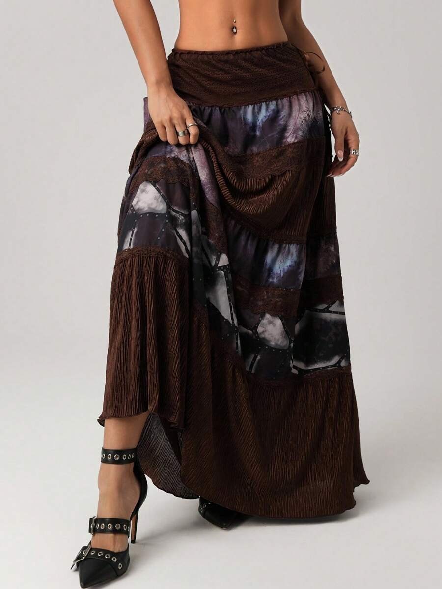 SHEIN ICON Women's Tie-Dye Print Ruffle Hem Low Waist Patchwork Boho Skirt - Multicolor - View 1