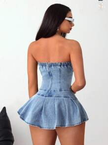SHEIN ICON Plus Size Women's Summer Ruffled Hem Strapless Denim Dress - Blue - View 5