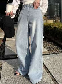 DAZY 女式宽松高腰修身直筒牛仔裤，简单百搭舒适的全长裤