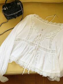 Comfortcana Casual Viscose Top In White With Delicate Lace Details And Regular Hem White Lace Blouse Cotton Blouse Boho Top Peasant Blouse - White - View 5