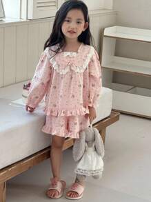 DAZY 2pcs/Set Small Girls Allover Ditsy Floral Long Sleeve Top And Shorts Loungewear Summer Outfit - Pink - View 6