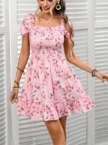 Breezaya Váy xòe hoa nhỏ thanh lịch lãng mạn dành cho nữ, thích hợp mặc thường ngày, đi làm, đi nghỉ, đi biển - Hồng - Xem 6