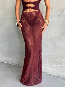 Aloruh Women's New One-Piece Swimsuit, Long Wrap Skirt, Elegant Sexy Romantic Retro Wine Red/Purple Lace Maxi Swimsuit Set, Vacation/Beach Wear, One-Piece Swimsuit - Pink - View 8