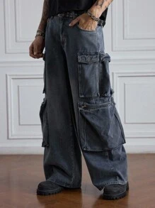 ROMWE MEN Grunge Punk Pantalones vaqueros de carga de talla grande para hombre en estilo casual lavado y suelto