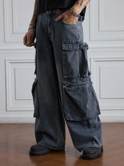 Prep Plus Size Men's Casual Washed Loose Cargo Denim Jeans