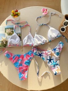 Comfortcana 4pcs Thong Bikini Set   Vacation Beach Graphic Seashell & Starfish Print Halter Bikini Set - Multicolor - View 2