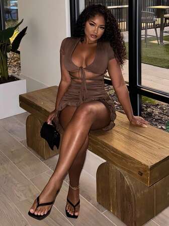 Alexandranx Tied Cutout Front Ruffle Trim Wrap Hem Dress