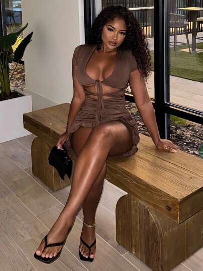 Alexandranx Tied Cutout Front Ruffle Trim Wrap Hem Dress