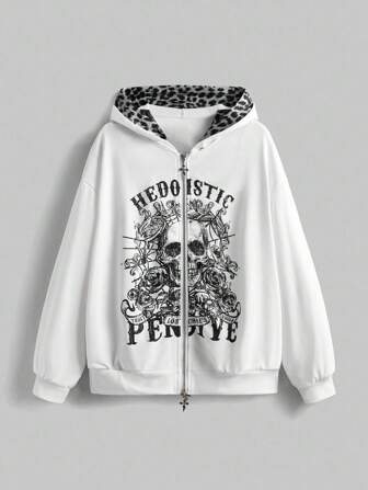 Goth Women Casual Street Style Halloween Punk Floral Skull Print 2 In 1 Leopard Splice Zip Up Hooded Sweatshirt