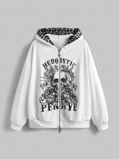 Goth Sweat-shirt à capuche zippé 2 en 1 avec imprimé floral de crâne de style punk décontracté de rue pour femmes, avec empiècement léopard