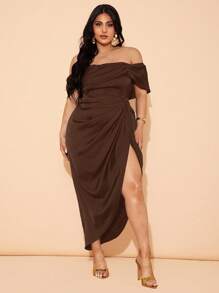 SHEIN BAE 大码女士优雅垂褶中长连衣裙，婚礼/伴娘礼服/鸡尾酒会礼服/派对礼服 - 咖啡棕 - 查看 6