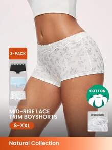 LUVLETTE Bộ 3 quần lót nam cạp vừa in họa tiết hoa cotton mềm mại thoáng khí cho nữ - Quần lót ren - Nhiều màu - Xem 1