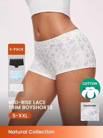 LUVLETTE 3-Pack Airy Soft Cotton Basic Floral Print Mid Waist Boyshorts Women Underwear Panties Set-Lingerie Lace