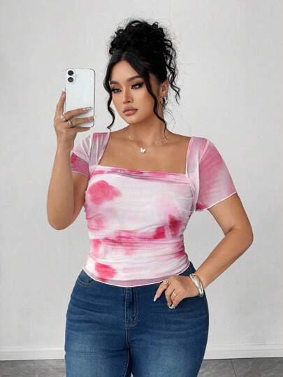 Elenzga Camiseta casual de vacaciones para mujer de talla grande con cuello de volantes transparente de malla y manga corta, en estampado tie dye elegante