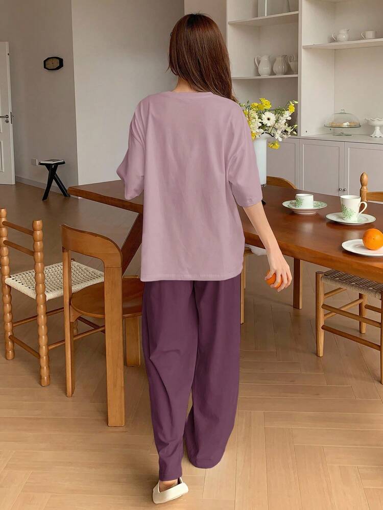2pcs Women Casual Star Print Loose Short Sleeve Top And Pants Set, Loungewear Pajama